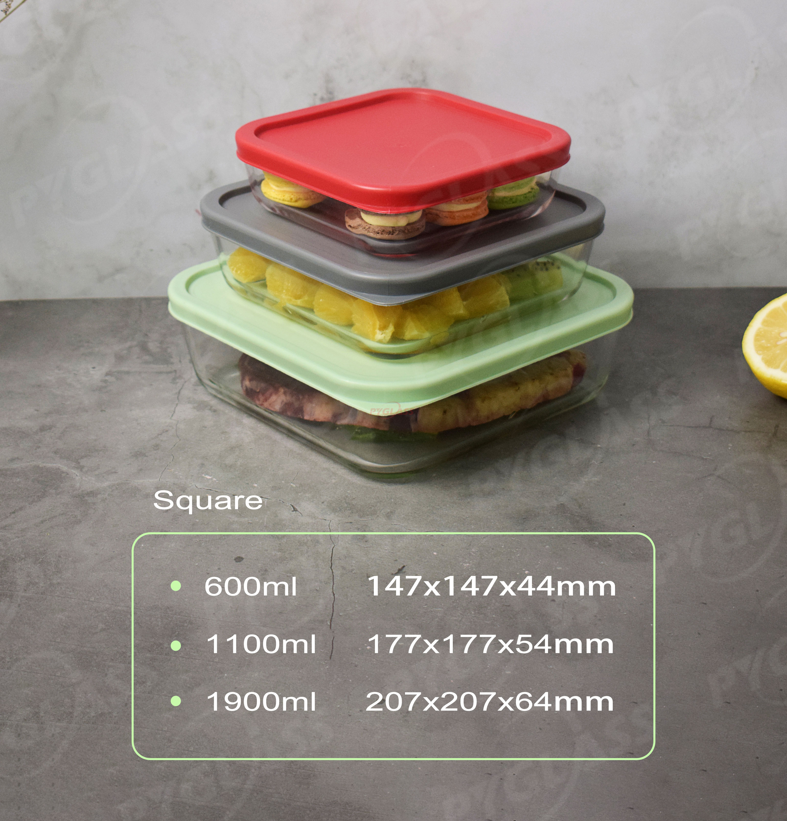 Square glass container with PE lid -Product Description