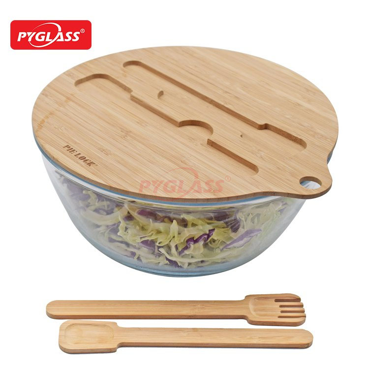 Bamboo Lid Glass Bowl with Fork And Spoon