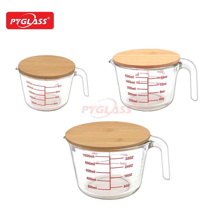 Glass Measuring Cup For Kitchen Juicer With Bamboo Lid