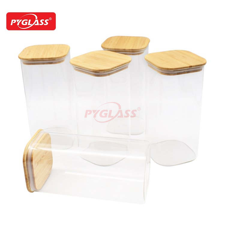Square Borosilicate Glass Canister with Sealed Bamboo Lids