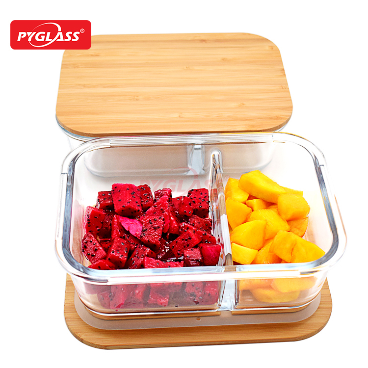Bamboo Lid Glass Food Container with 2 Compartments