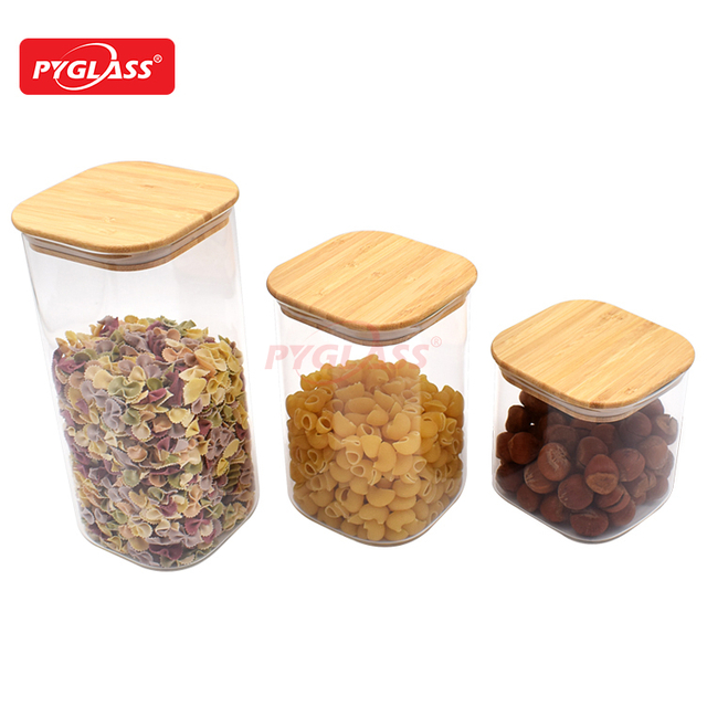 Square Shape Glass Storage Jars with Airtight Bamboo Lid