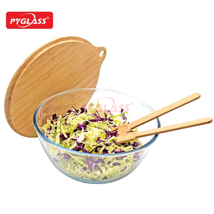 Bamboo Lid Glass Bowl with Fork And Spoon