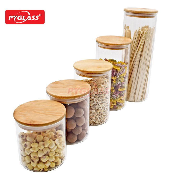 Clear Food Storage Container Jar with Sealing Bamboo Lid