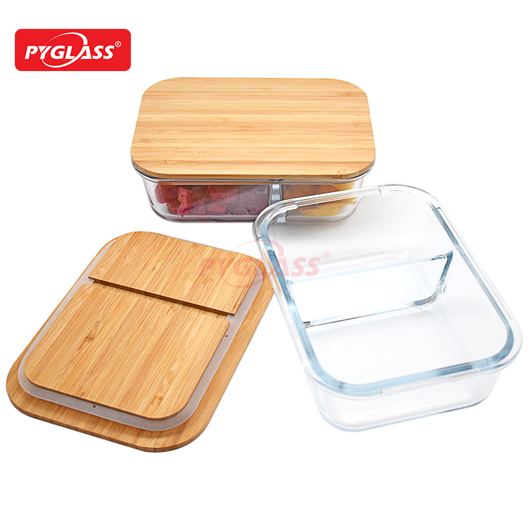 Bamboo Lid Glass Food Container with 2 Compartments
