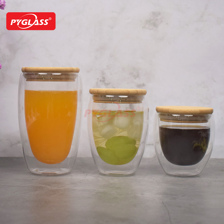 Glass Double Wall Coffee Cups Clear Coffee Mug Set Bamboo Lid