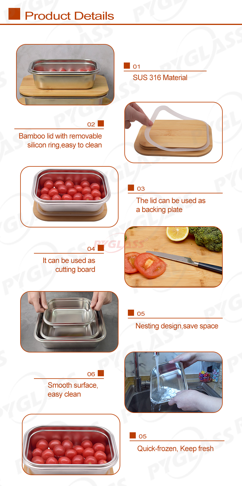 Stainless Steel Food Storage Containers with Bamboo Lid -Product Overviews