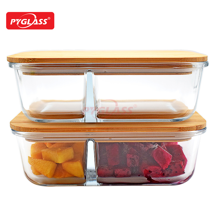 Bamboo Lid Glass Food Container with 2 Compartments