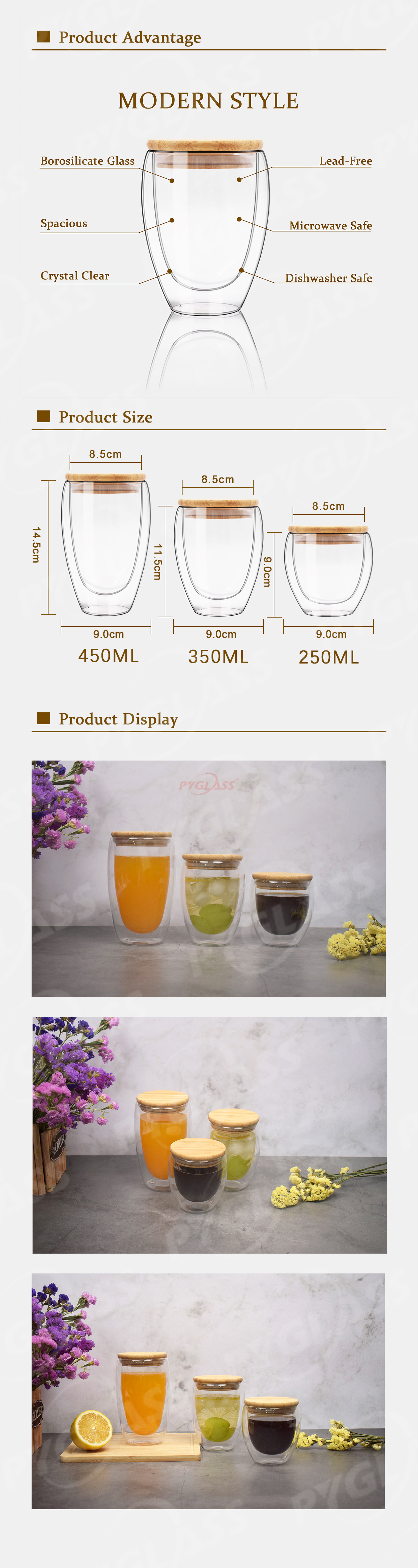 Glass Double Wall Coffee Cups Clear Coffee Mug Set Bamboo Lid -Product Overviews