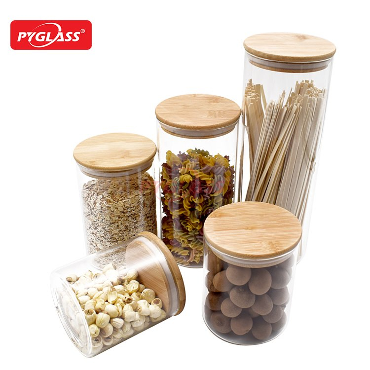 Clear Food Storage Container Jar with Sealing Bamboo Lid