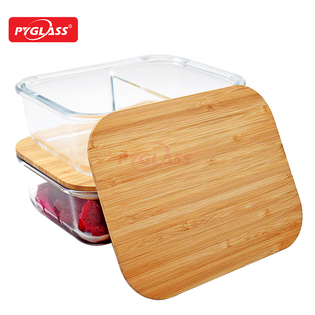 Bamboo Lid Glass Food Container with 2 Compartments