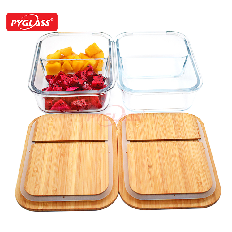 Bamboo Lid Glass Food Container with 2 Compartments