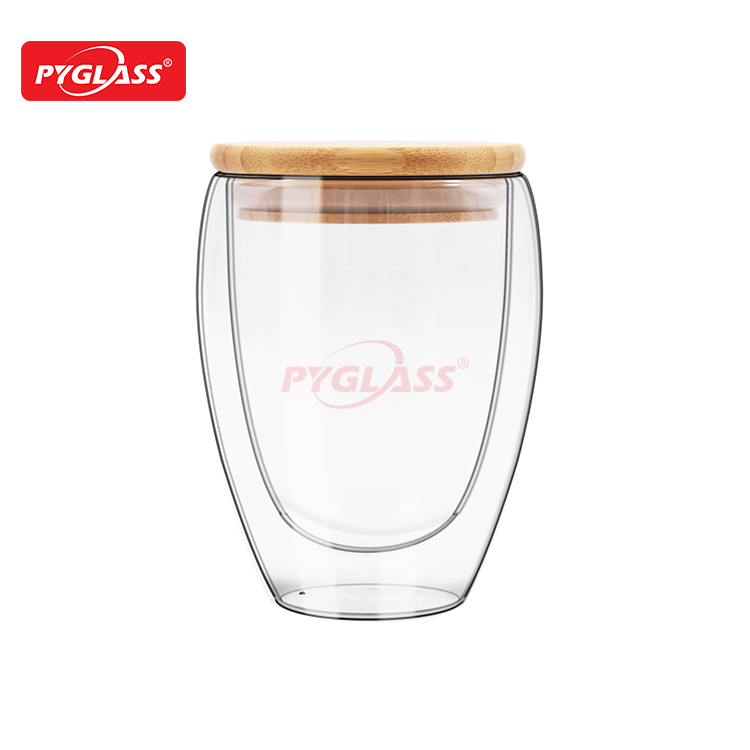 Glass Double Wall Coffee Cups Clear Coffee Mug Set Bamboo Lid