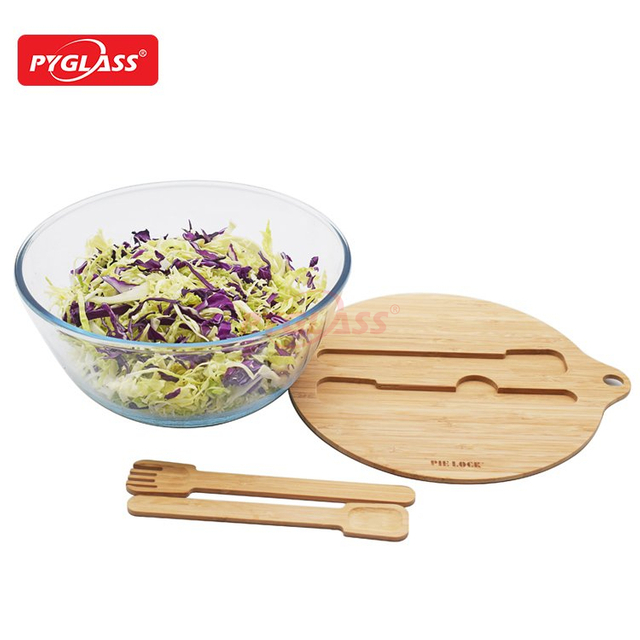 Bamboo Lid Glass Bowl with Fork And Spoon