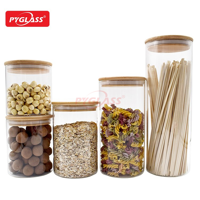 Clear Food Storage Container Jar with Sealing Bamboo Lid