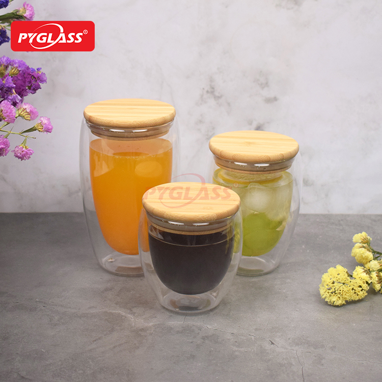 Glass Double Wall Coffee Cups Clear Coffee Mug Set Bamboo Lid
