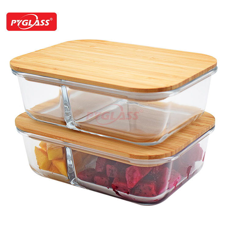 Bamboo Lid Glass Food Container with 2 Compartments